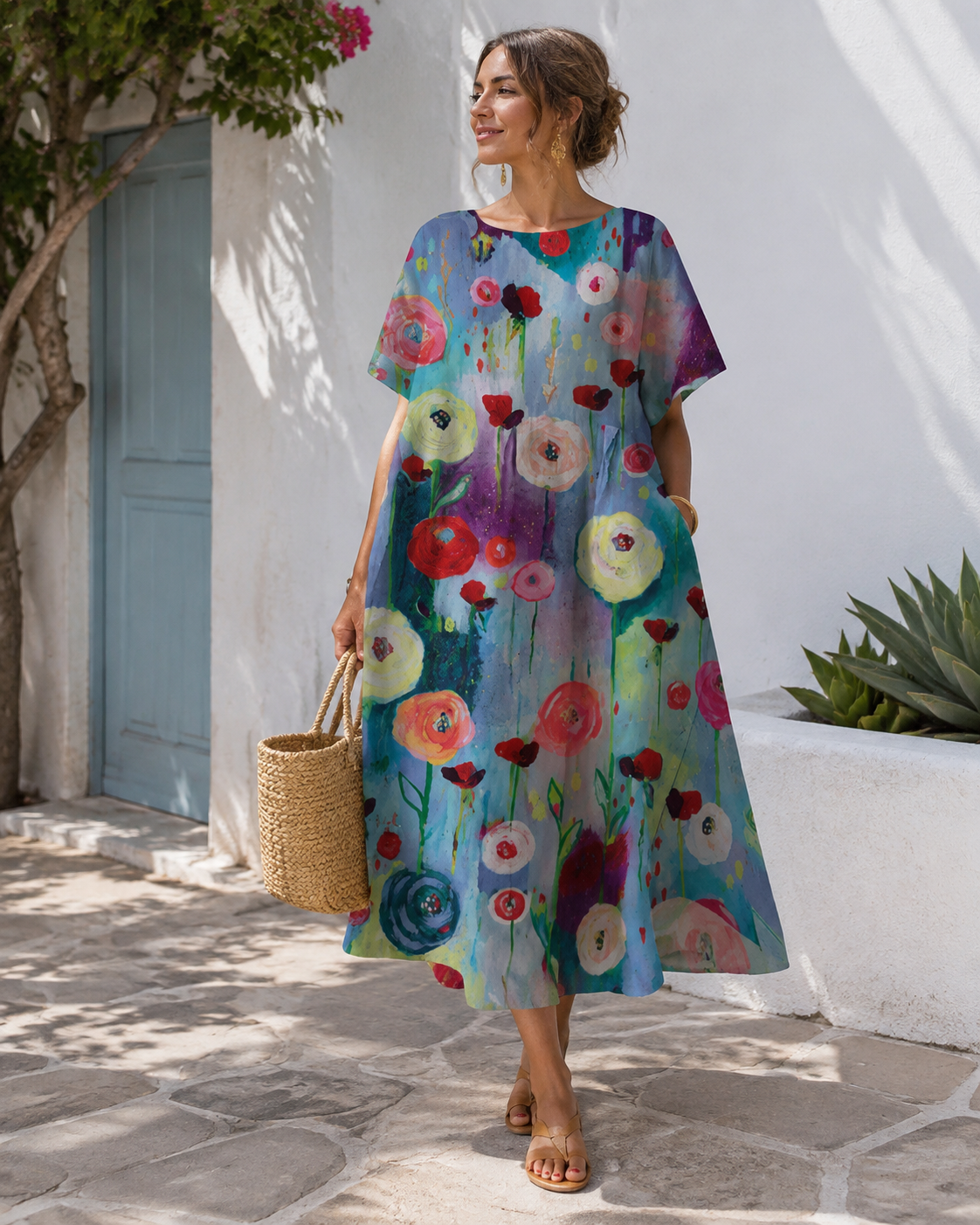Lightweight Casual Midi Dress for Women with Oil Painting Print, S to 5XL