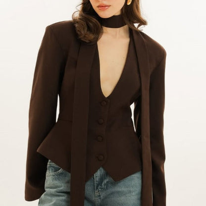 Chic Women's Blazer with Attached Scarf and Tailored Design