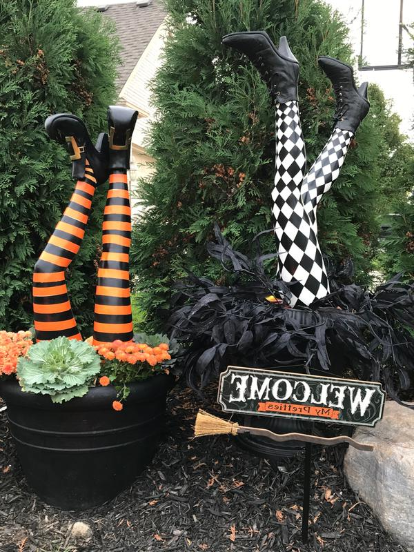 Halloween Yard Decorations - Set of 2 Striped Resin Witch Leg Stakes, 11.81