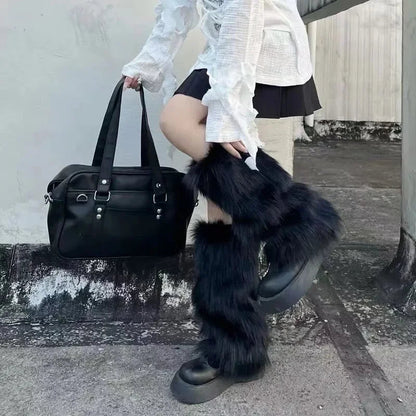 Faux Fur Boot Covers for Women – Black Fluffy Ankle Warmers, Sizes S, M, L