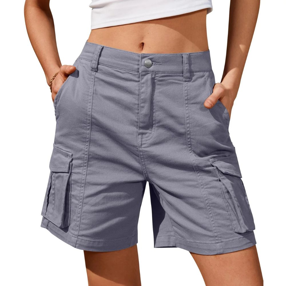 Women's Long Cargo Shorts with Elastic Waist and Multiple Pockets