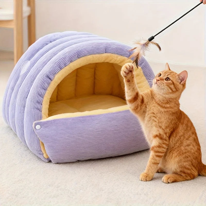 Purple and Beige Cat Cave Bed – Enclosed Fleece Tent for Small Pets