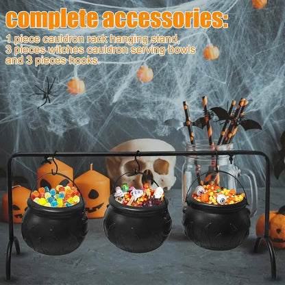 Halloween Decoration Set with 3 Mini Black Cauldrons on Iron Stand for Candy