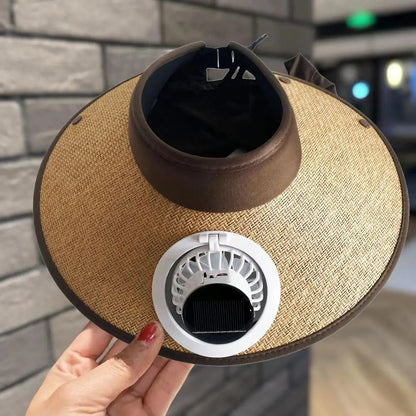 Wide Brim Straw Sun Hat with Solar Fan for Cooling - Unisex Outdoor Use