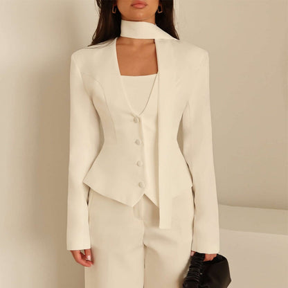 Chic Women's Blazer with Attached Scarf and Tailored Design