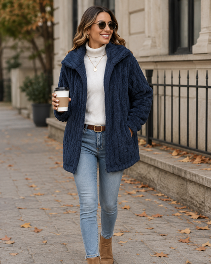 Soft Warm Long Cardigan for Women with Stand Collar and Pockets