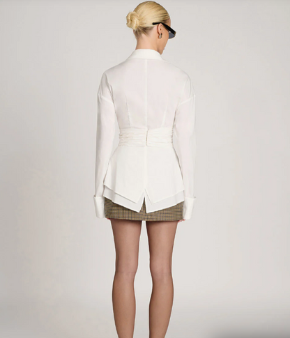 Sleek Draped Waist Top with Lightweight Fluid Fabric, Long Sleeves