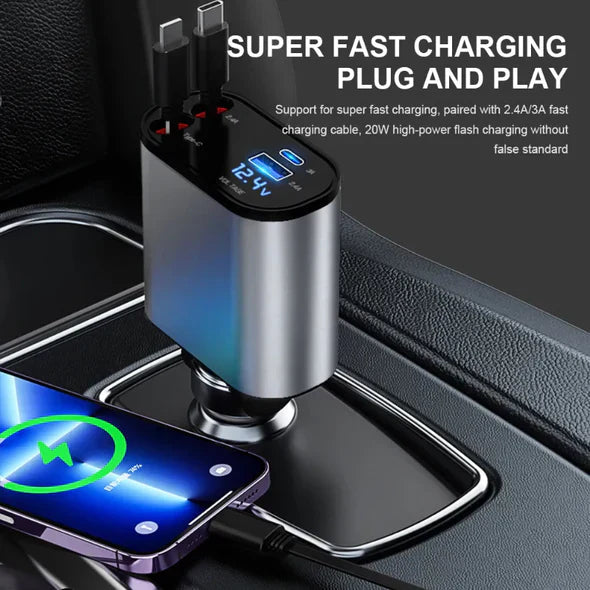 Ultimate Car Charger with Dual Cables and Four Ports