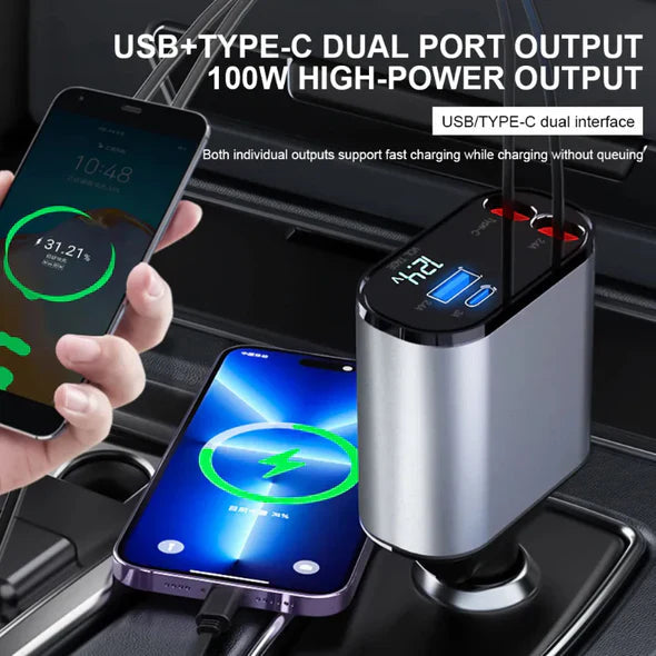 Ultimate Car Charger with Dual Cables and Four Ports