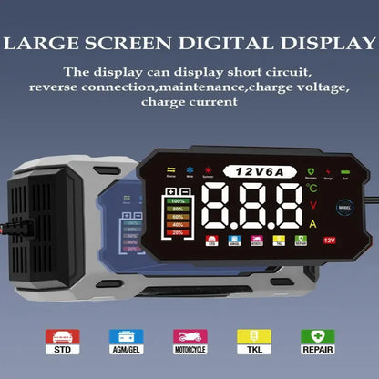 Versatile 12V Battery Charger with Real-Time Voltage Display