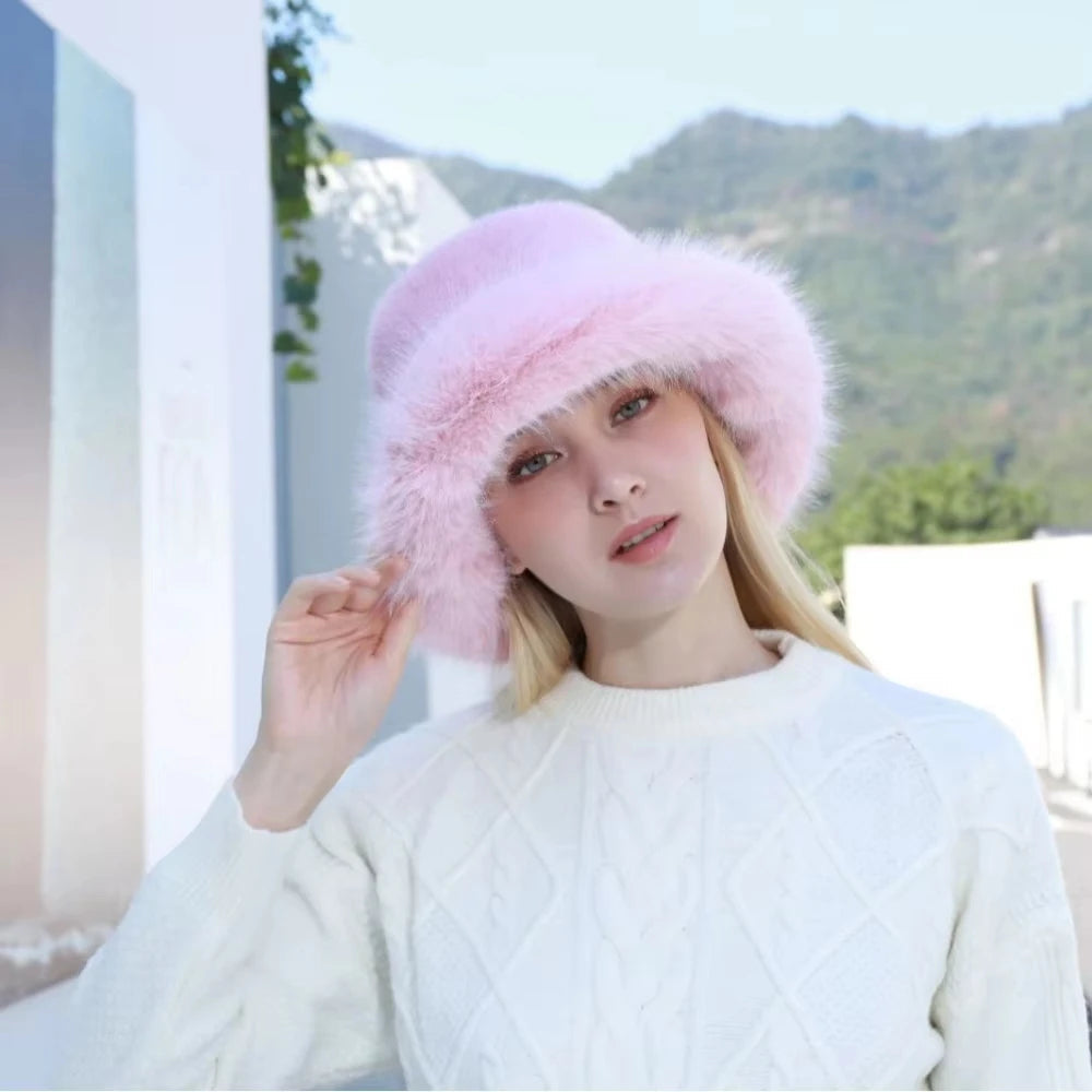 Faux Fur Bucket Hat for Women – Plush Winter Style, 58cm, 5 Colors