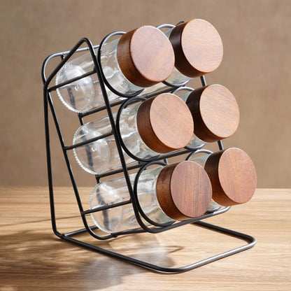 Elegant Spice Storage Set with Wooden Display Stand - 6 Jars