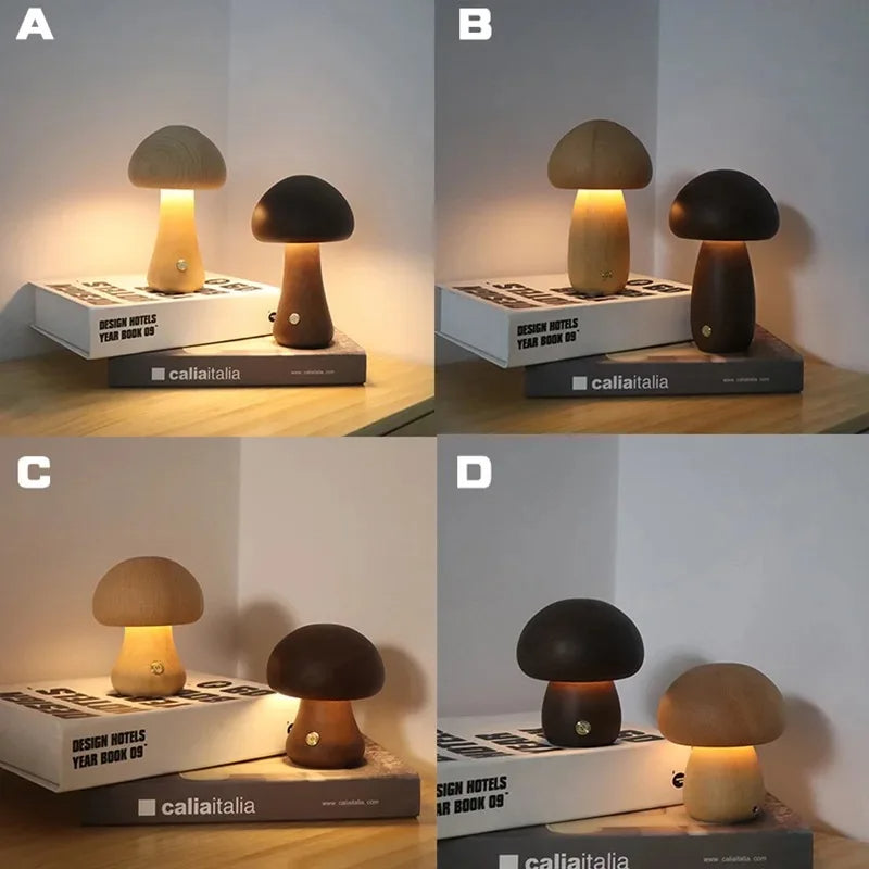 Rechargeable Touch-Controlled Wooden Mushroom Night Lamp