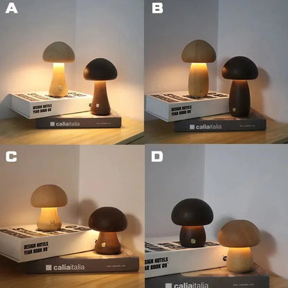 Rechargeable Touch-Controlled Wooden Mushroom Night Lamp