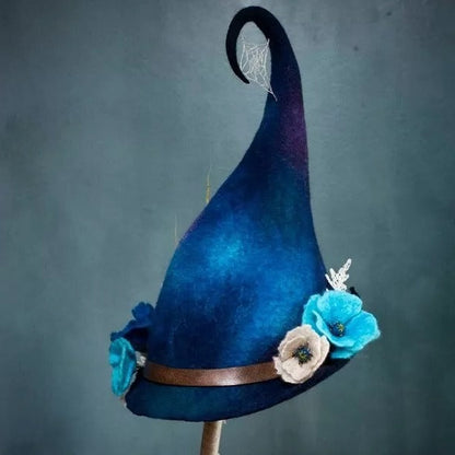 Artisan Woolen Witch Hat with Chiffon Trim and Adjustable Design