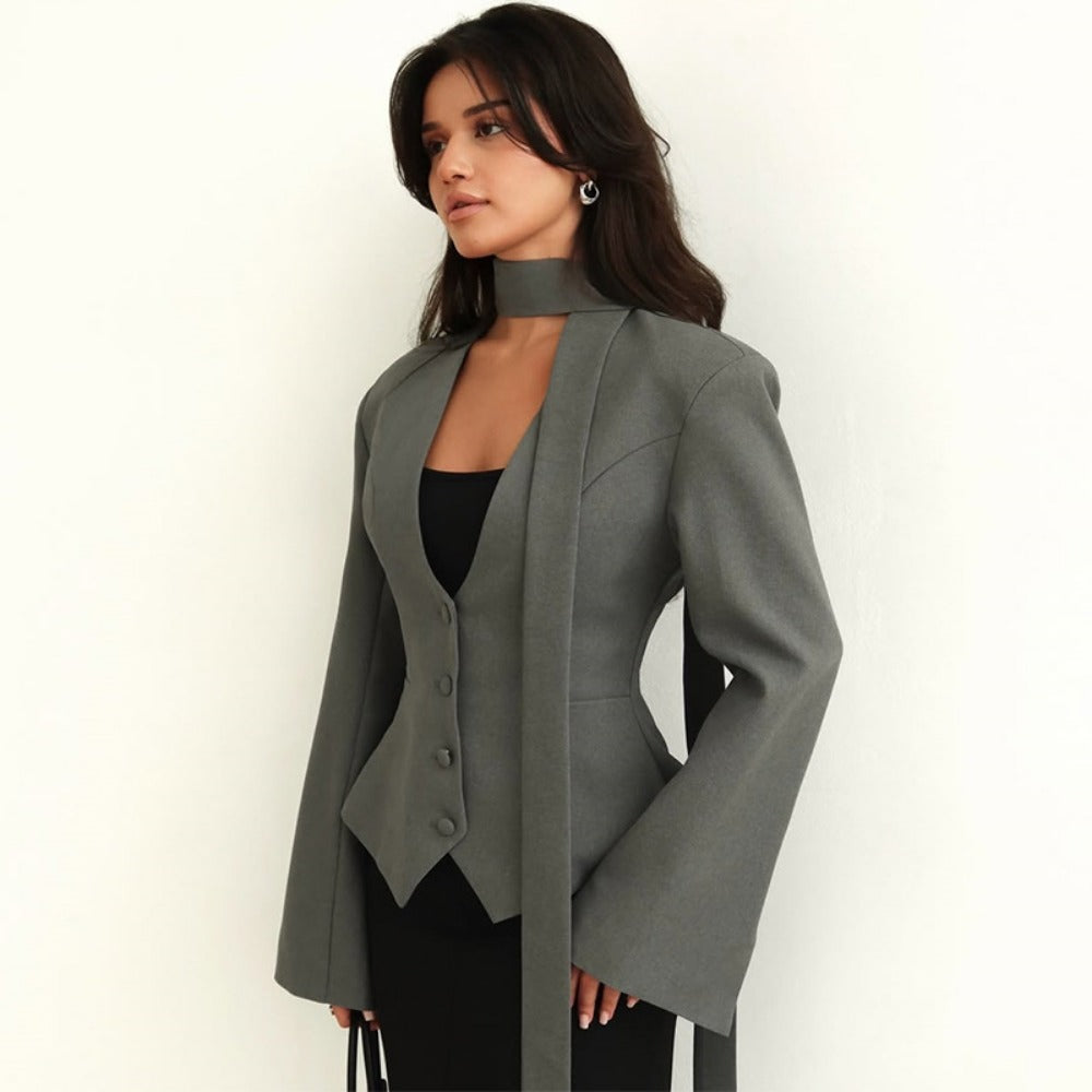 Chic Women's Blazer with Attached Scarf and Tailored Design
