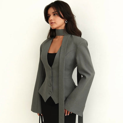 Chic Women's Blazer with Attached Scarf and Tailored Design