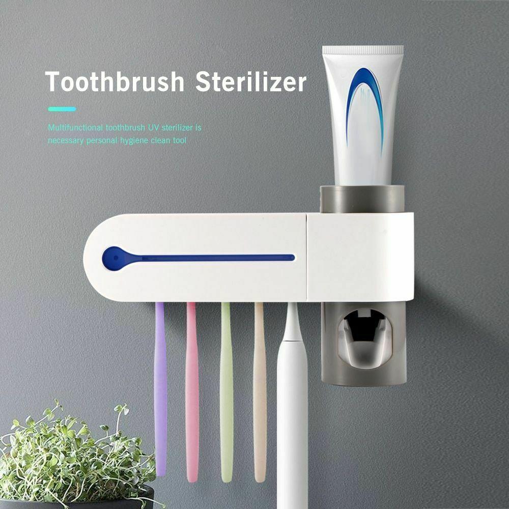 Wall-Mounted Toothbrush Holder with UV Sterilizer and Automatic Dispenser for 5 Brushes, Gray and White