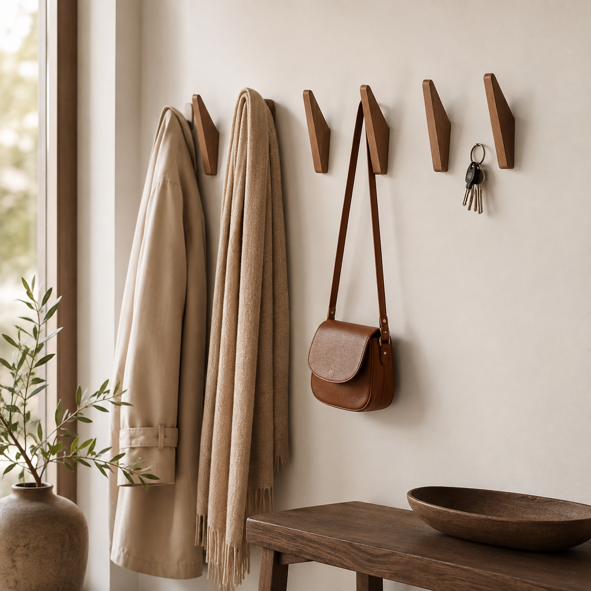 Wall-Mounted Coat and Key Hanger in Black Walnut for Entryway or Bathroom