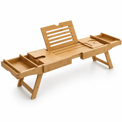 Versatile Bamboo Bath Caddy with Device Holders and Expandable Design