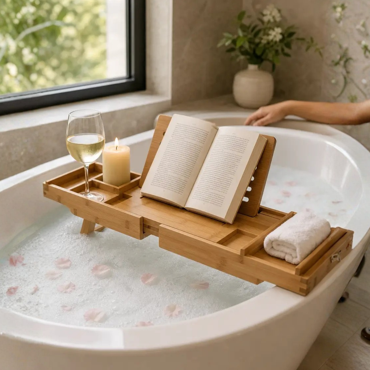 Versatile Bamboo Bath Caddy with Device Holders and Expandable Design