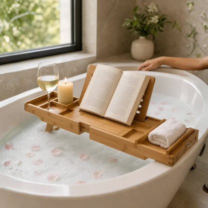 Versatile Bamboo Bath Caddy with Device Holders and Expandable Design