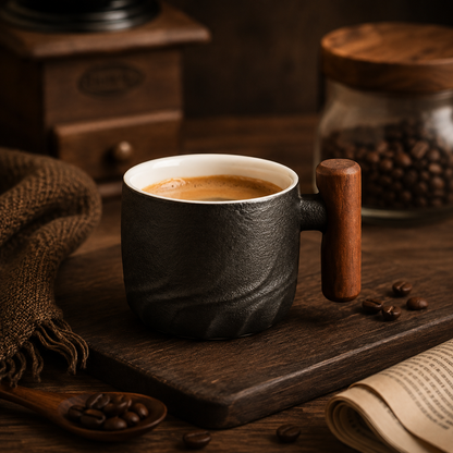 Ceramic Coffee Cups 80ml with Wooden Handle – Vintage Style in Black, Blue, Green for Home and Café