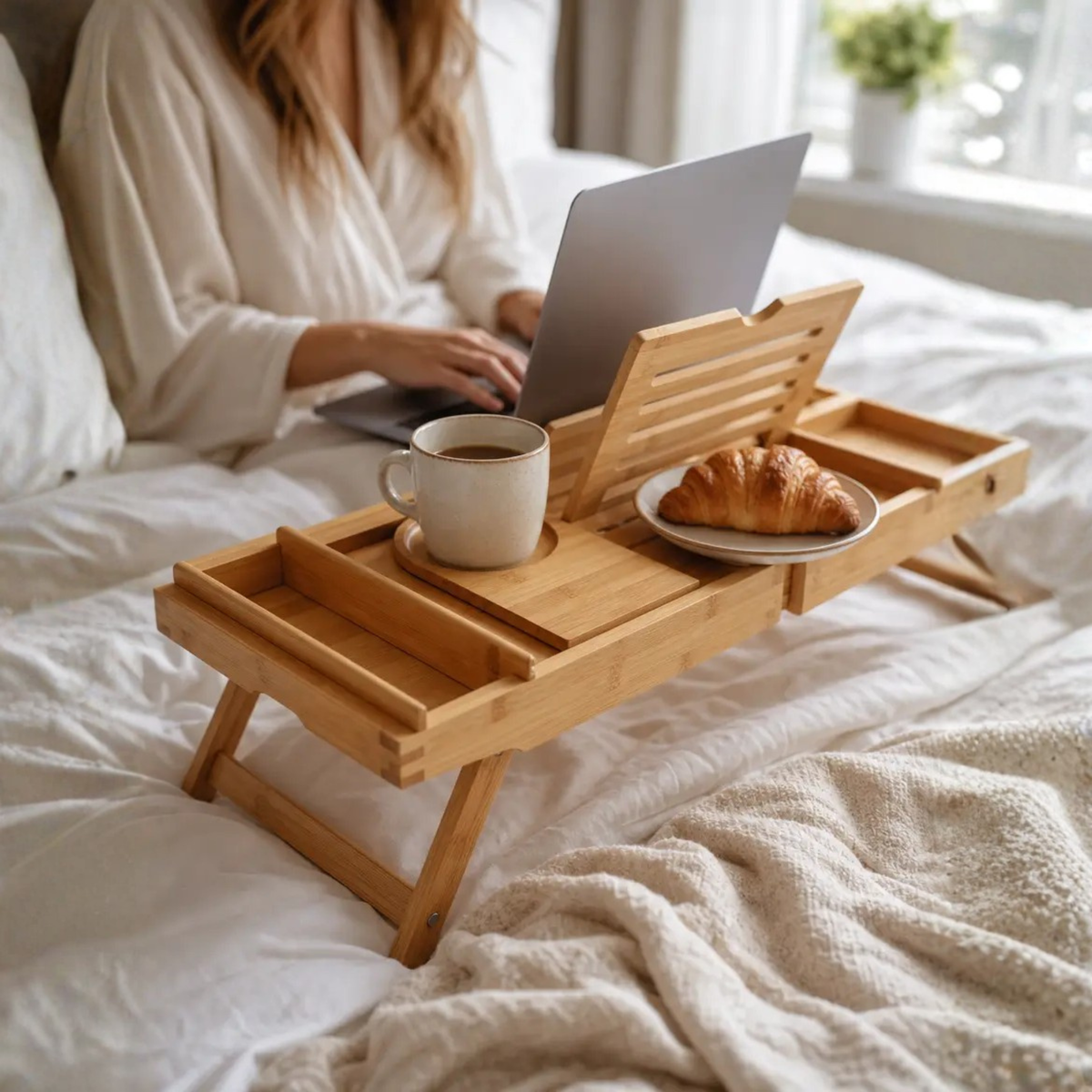 Versatile Bamboo Bath Caddy with Device Holders and Expandable Design