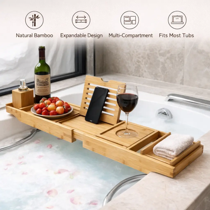 Versatile Bamboo Bath Caddy with Device Holders and Expandable Design