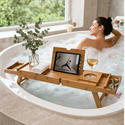 Versatile Bamboo Bath Caddy with Device Holders and Expandable Design