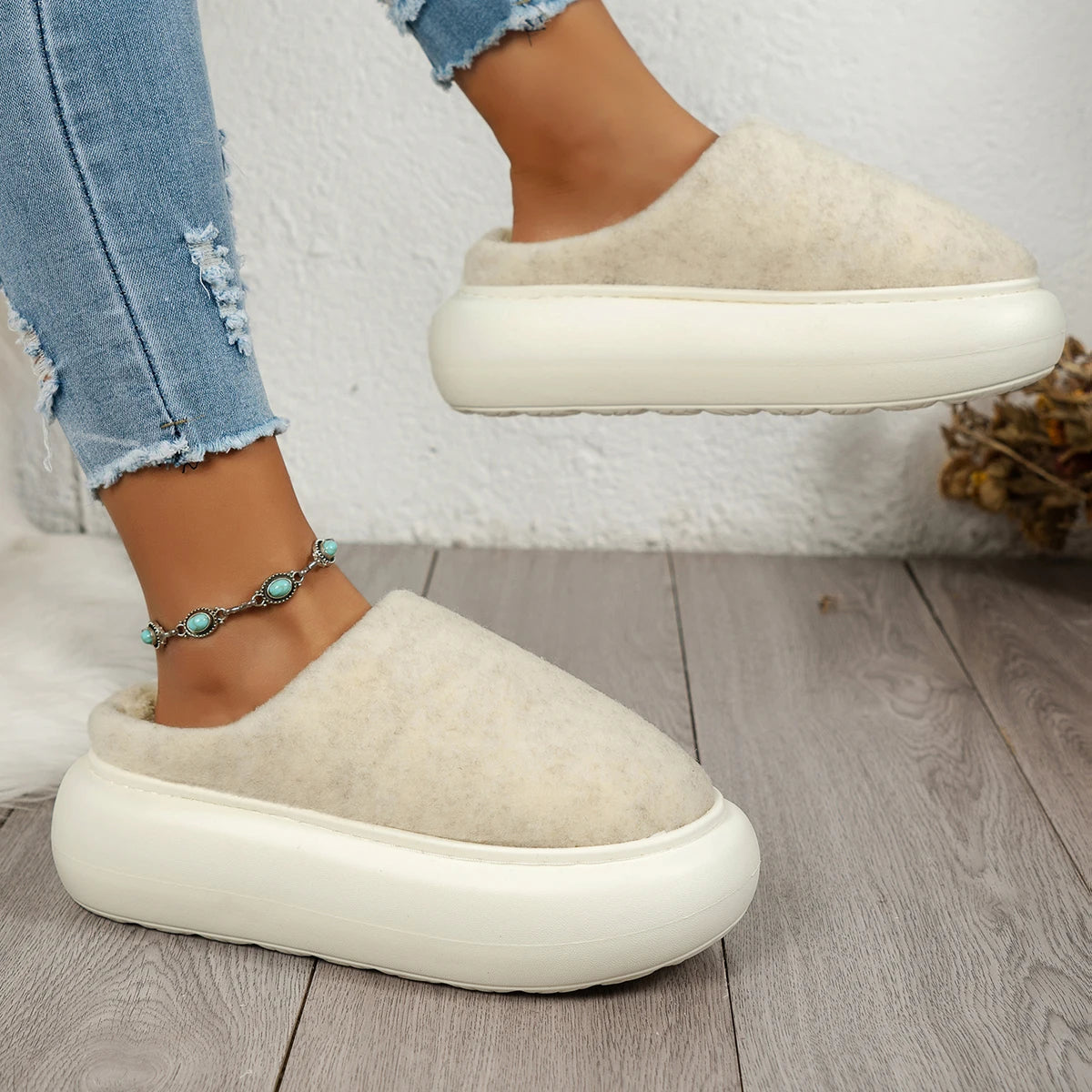 Cozy Winter House Slippers for Women - Soft Beige and Brown Fleece, Anti-Slip
