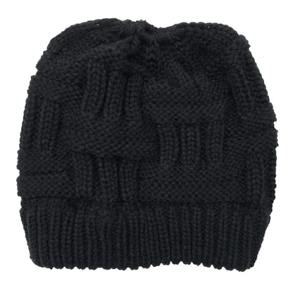 Knit Winter Hat for Women with Messy Bun Hole – Stretchy Beanie in 4 Colors