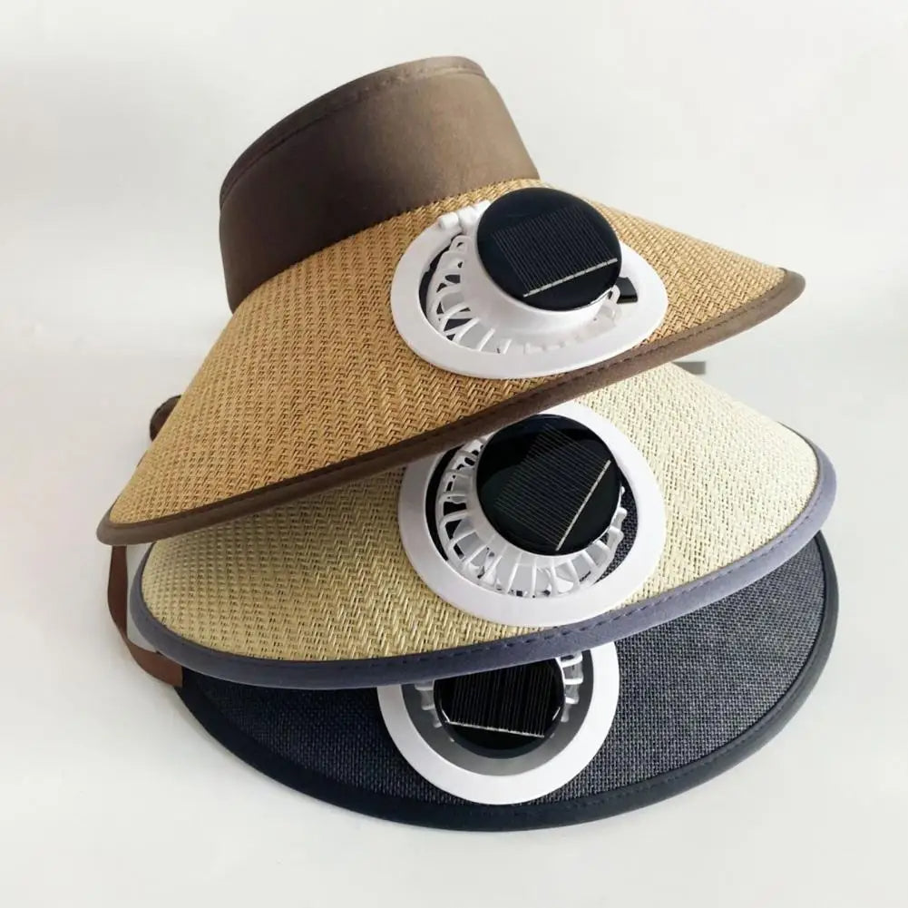 Wide Brim Straw Sun Hat with Solar Fan for Cooling - Unisex Outdoor Use