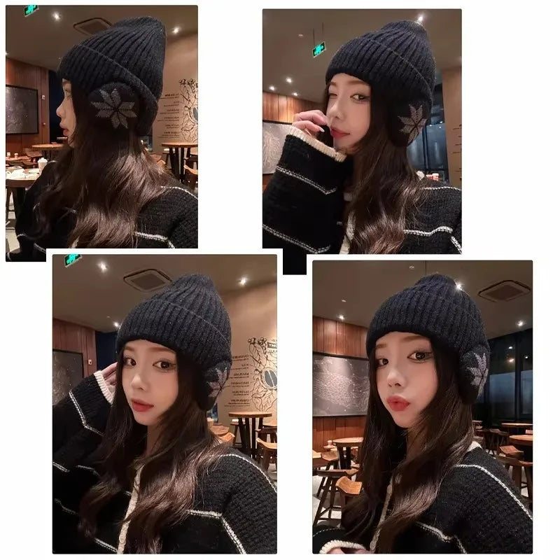 Unisex Ribbed Beanie Hat with Ear Coverage - Plush Lined Polyester Snowflake Cap, One Size