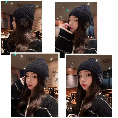 Unisex Ribbed Beanie Hat with Ear Coverage - Plush Lined Polyester Snowflake Cap, One Size
