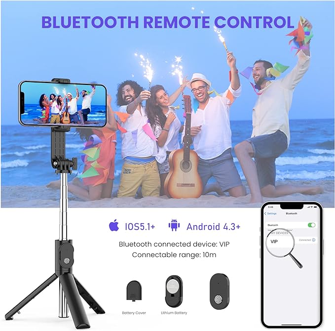 Extendable Wireless Selfie Stick with Tripod and Light