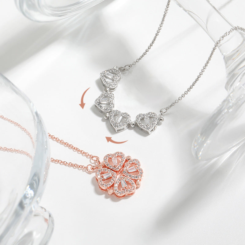 Clover Heart Pendant Necklace with Everlasting Roses & Gift Box