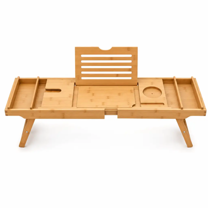 Versatile Bamboo Bath Caddy with Device Holders and Expandable Design