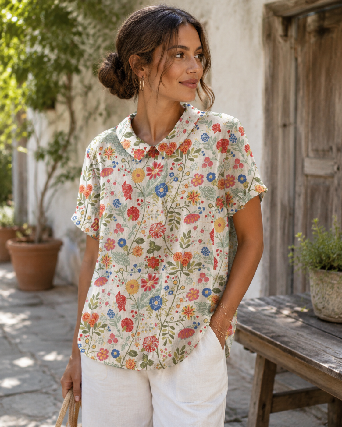 Casual Floral Print Blouse for Women – Soft Cotton Linen Top, Sizes S-4XL