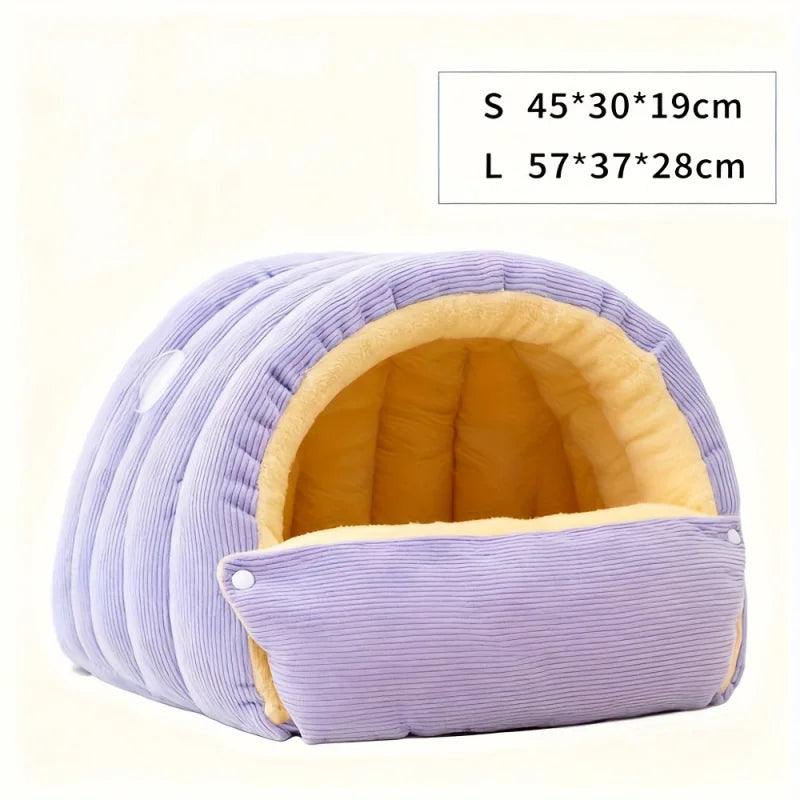 Purple and Beige Cat Cave Bed – Enclosed Fleece Tent for Small Pets
