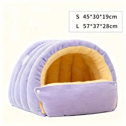 Purple and Beige Cat Cave Bed – Enclosed Fleece Tent for Small Pets