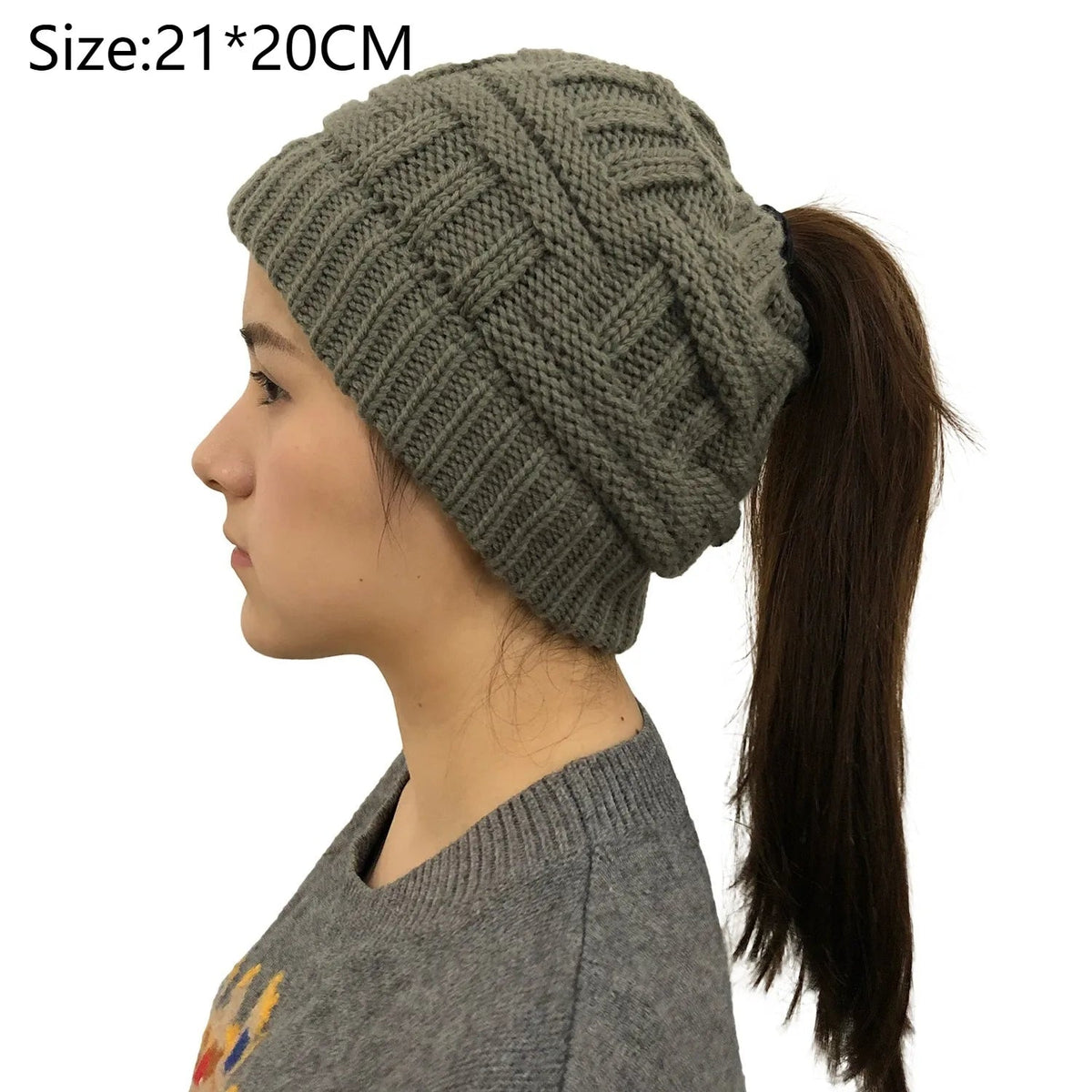 Knit Winter Hat for Women with Messy Bun Hole – Stretchy Beanie in 4 Colors
