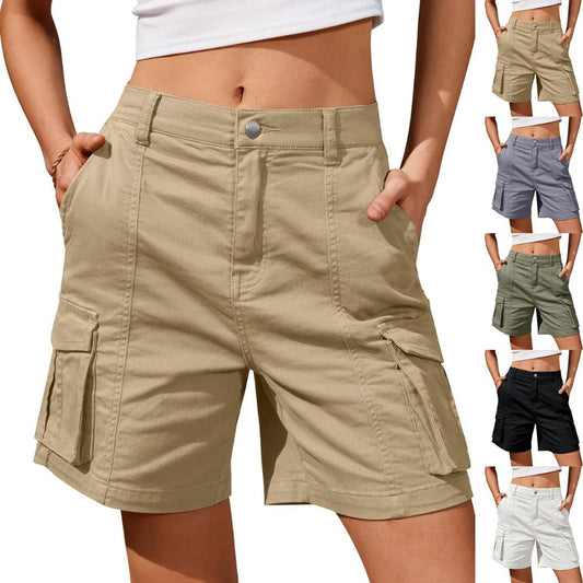 Women's Long Cargo Shorts with Elastic Waist and Multiple Pockets