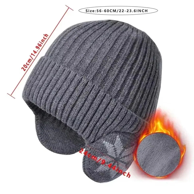 Unisex Ribbed Beanie Hat with Ear Coverage - Plush Lined Polyester Snowflake Cap, One Size
