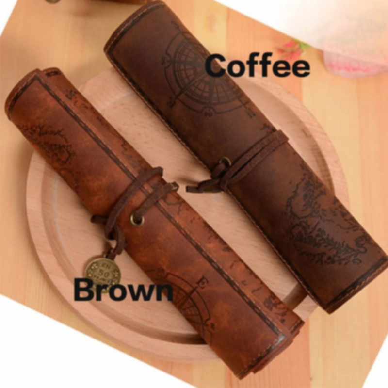 Roll-Up Vintage Leather Pencil Holder, Treasure Map Design for Office & School