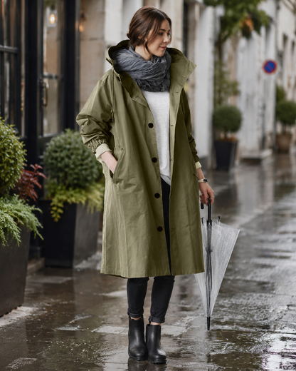 Breathable Hooded Rain Jacket for Women - Long Waterproof Coat with Adjustable Features and Pockets