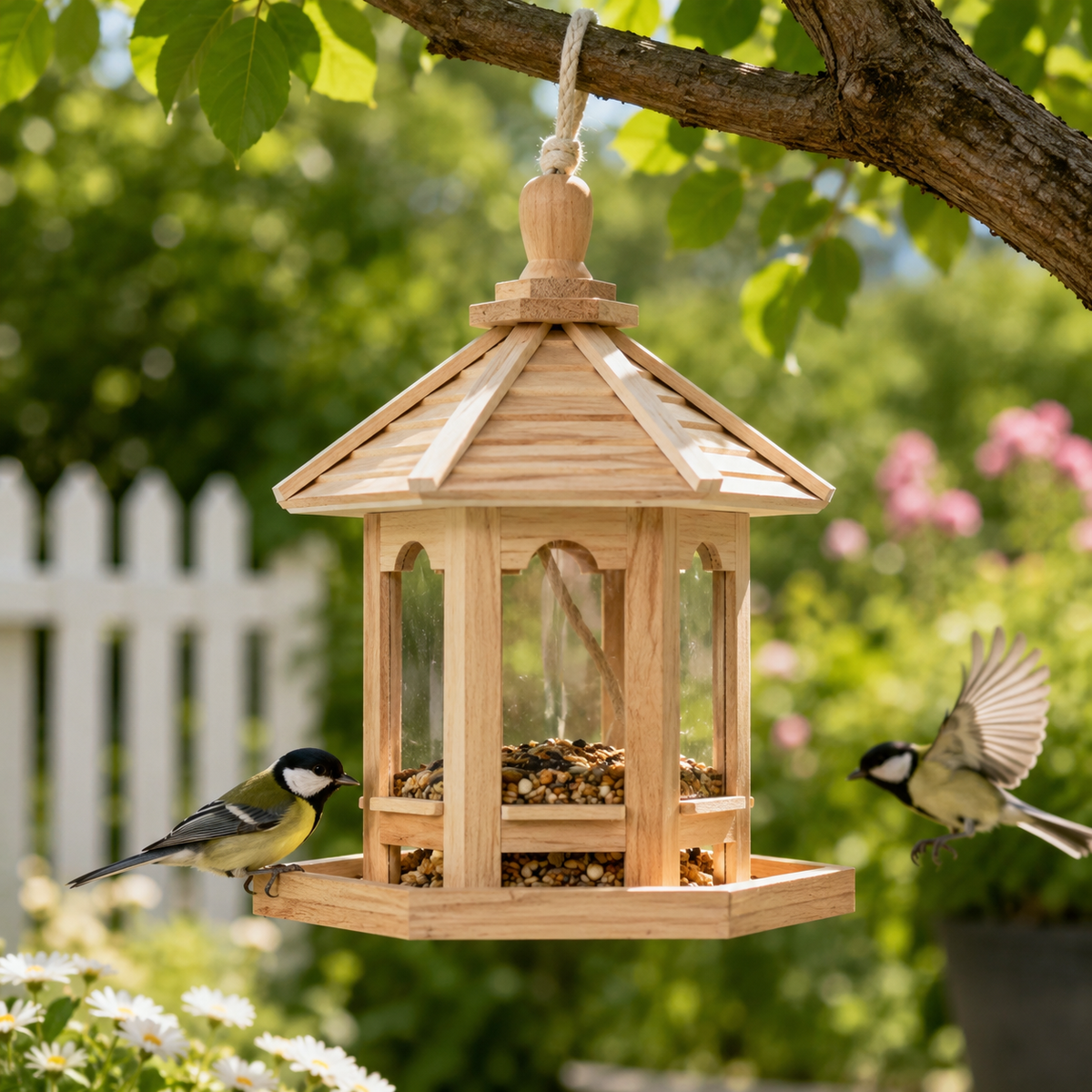Hanging Seed Feeder for Garden or Balcony - Wooden Bird Feeder with Clear Panel, 10.2 in
