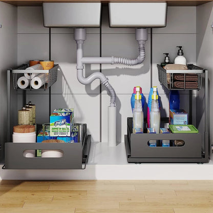 Dual-Tier Pull-Out Cabinet Organizer with Sturdy Frame