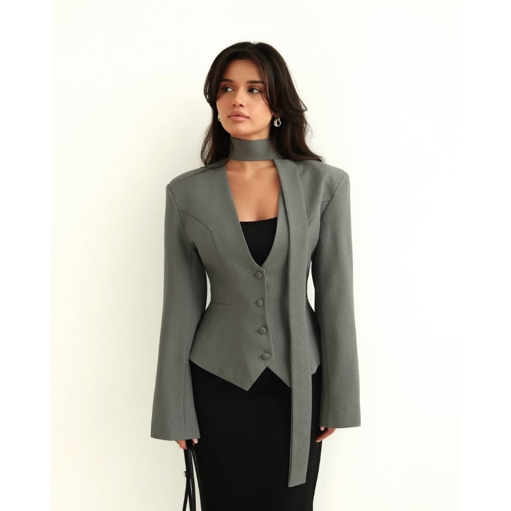 Chic Women's Blazer with Attached Scarf and Tailored Design