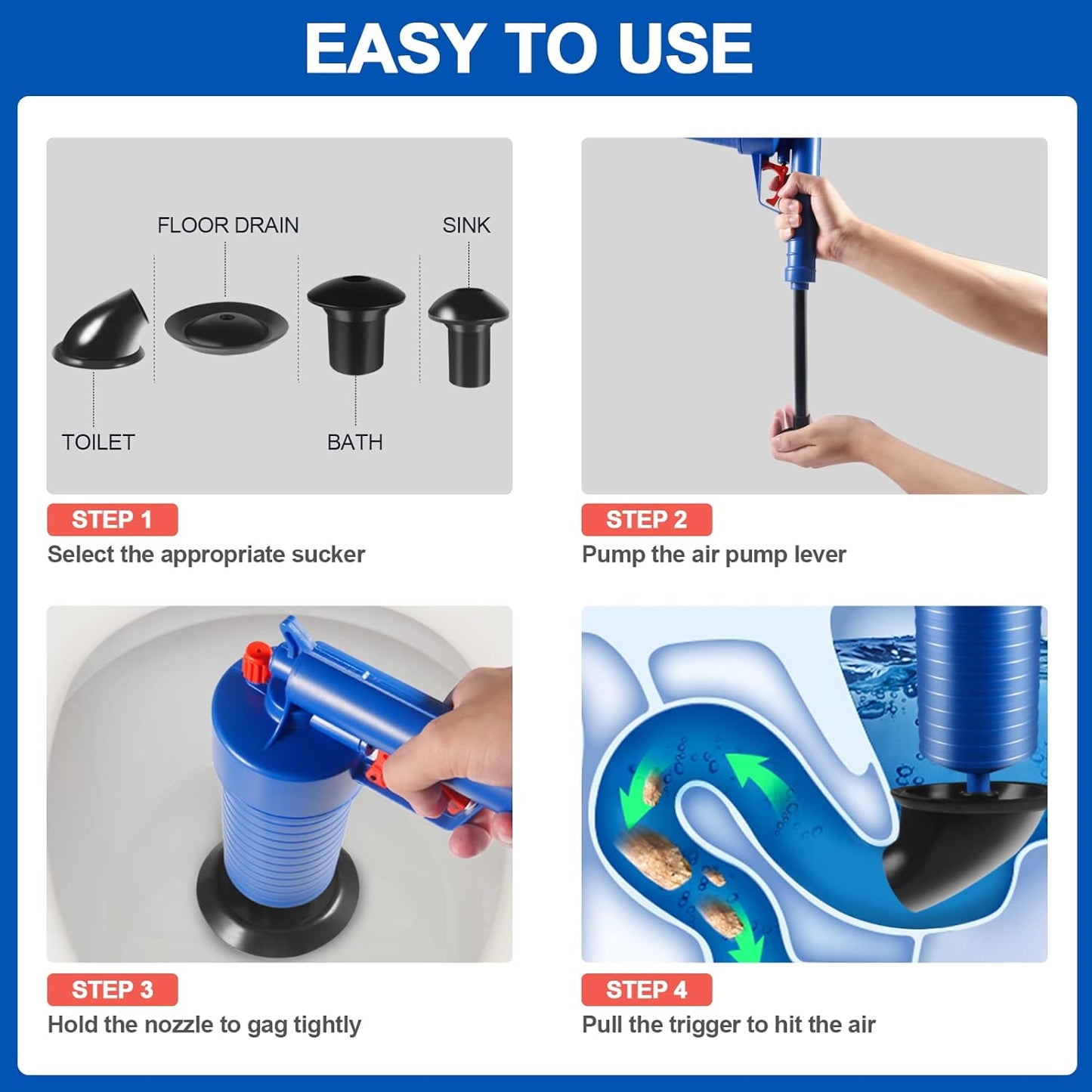 Powerful Air-Pressure Drain Unclogger with Multi-Suction Cups